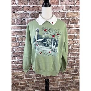 Day Breeze Womens L Lighthouse Cardinal Bird Green Sweatshirt Cottagecore Collar